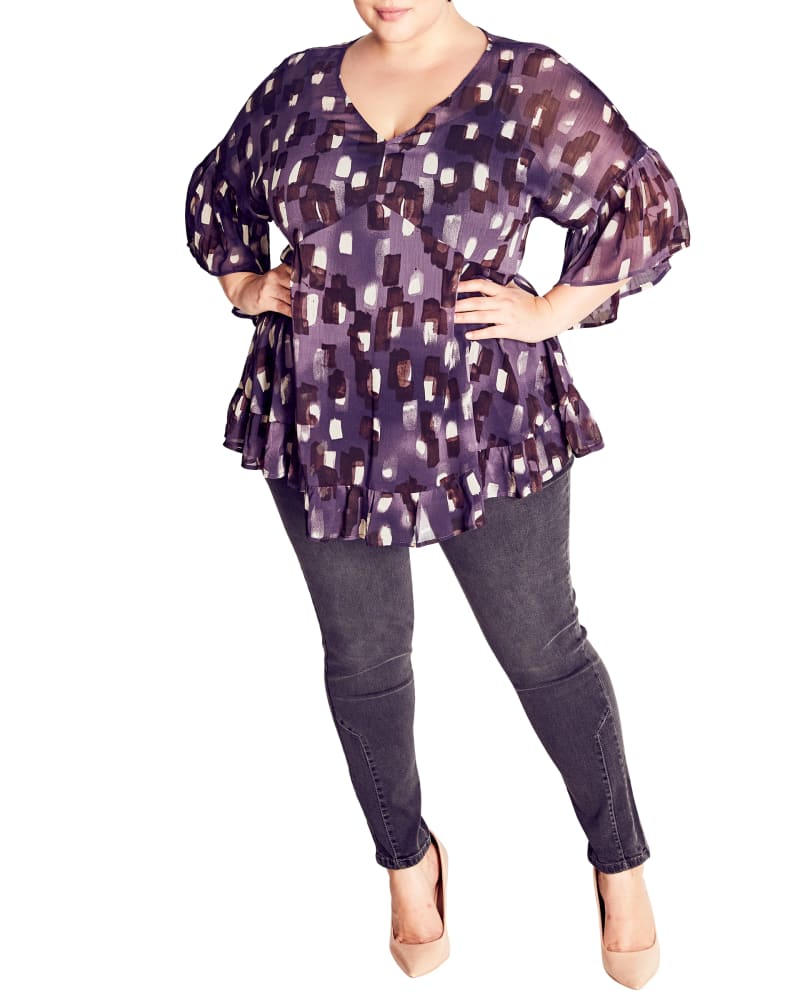 Front of a model wearing a size 14 TUNIC HARLOW FRILL in Moody Brushstroke by Arna York. | dia_product_style_image_id:256492